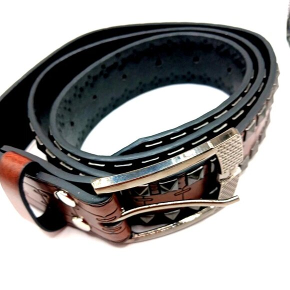 Double Row Studded Leather Belt Brown New - Picture 7 of 10